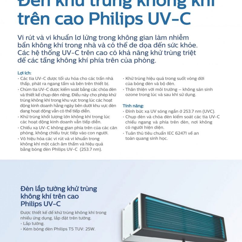 Đèn khử khuẩn không khí Philips UV C gắn tường - Giải pháp UVGI vùng trên căn phòng