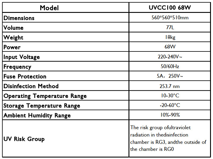 Thông số kỹ thuật Tủ khử trùng UV C Chamber 68W UVCC100 77L